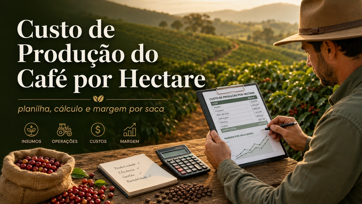 Planilha de custo de produção do café por hectare com lavoura de café ao fundo