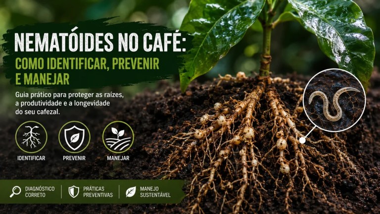 Raízes de cafeeiro com galhas e lesões causadas por nematoides em lavoura de café