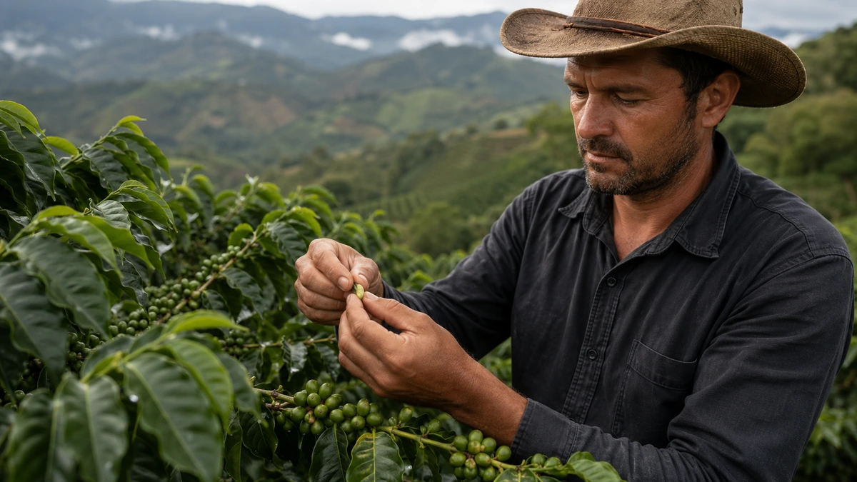 Cafeicultor avaliando frutos verdes na fase de granação do café