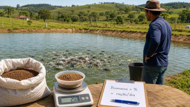 Produtor calculando ração para tilápia ao lado de viveiro escavado com peixes em alimentação