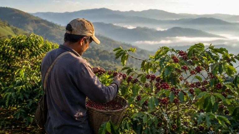 Cafeicultor colhendo café especial maduro em lavoura de montanha no Caparaó
