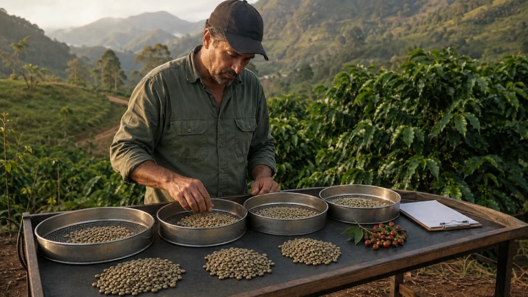 Cafeicultor classificando grãos de café graúdos, médios e miúdos por peneira