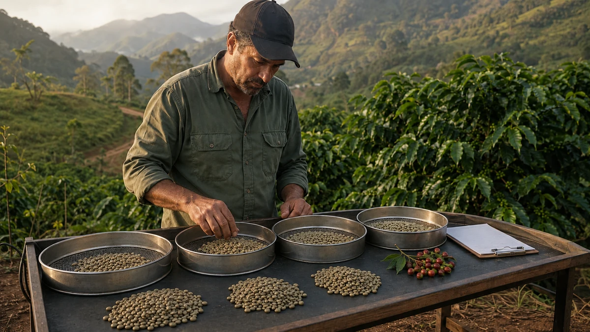 Cafeicultor classificando grãos de café graúdos, médios e miúdos por peneira