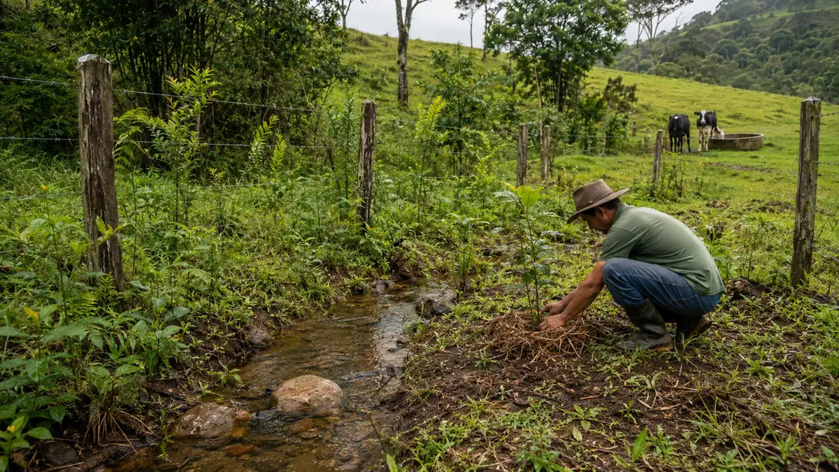 Produtor rural recuperando nascente cercada com plantio de vegetação nativa