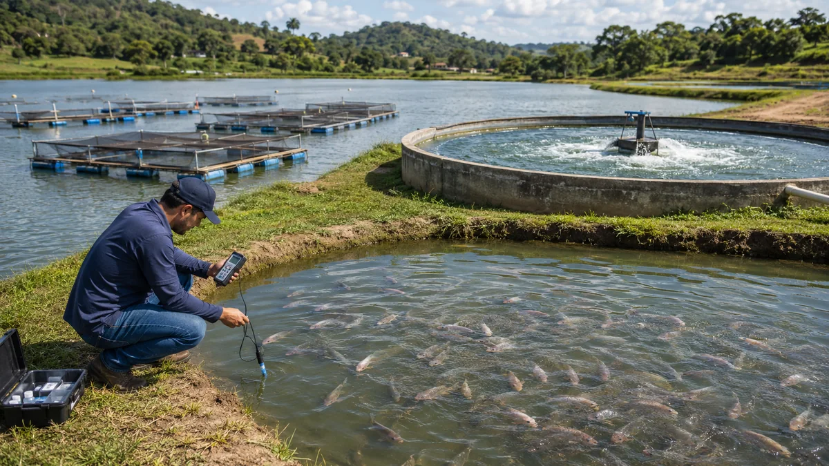 Técnico mede a qualidade da água em viveiro de tilápias, com tanque circular aerado e tanques-rede ao fundo.