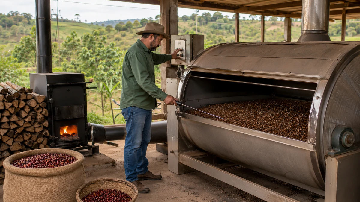 Cafeicultor medindo a temperatura da massa em secador rotativo de café