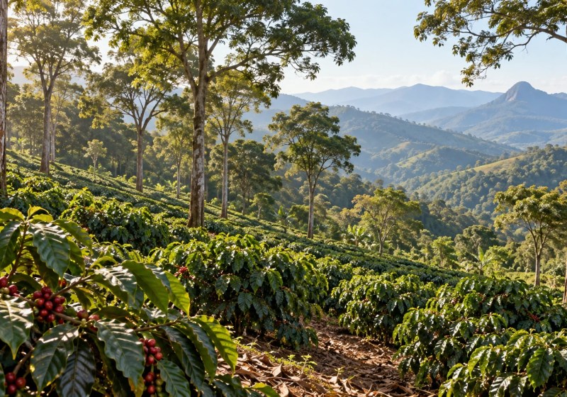Ilustração de fileiras de cafeeiros entre árvores de grande porte, com luz entre as copas e montanhas ao fundo.