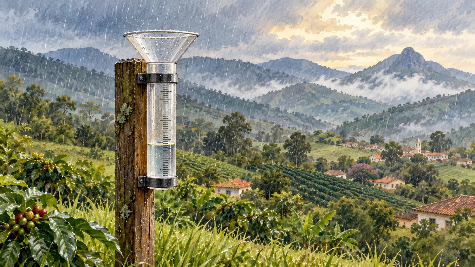 Ilustração de um pluviômetro sob chuva leve, diante de cafezais e montanhas de uma paisagem rural mineira.