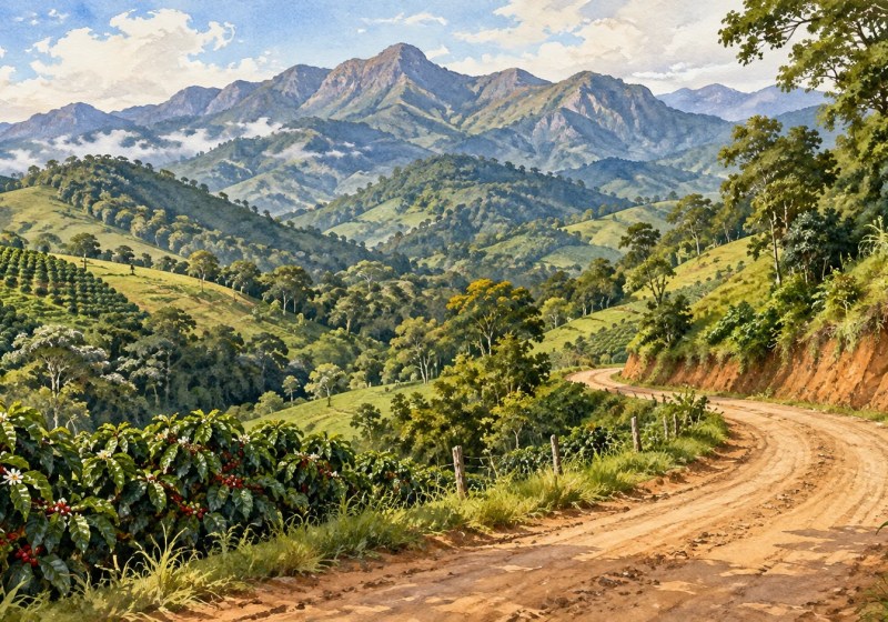 Ilustração de uma estrada rural sinuosa entre cafezais e vegetação nativa, com montanhas ao fundo.