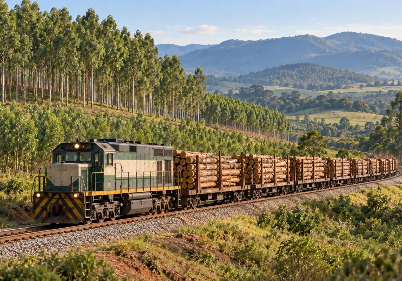 Ilustração de um trem de carga com toras de madeira em uma ferrovia entre plantações de eucalipto e montanhas.