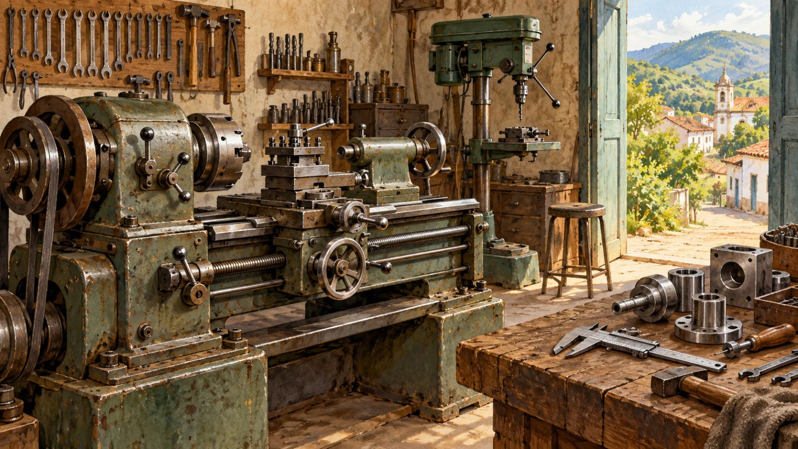 Ilustração de uma oficina do interior, com torno mecânico, furadeira de coluna, ferramentas e peças de metal sobre uma bancada.