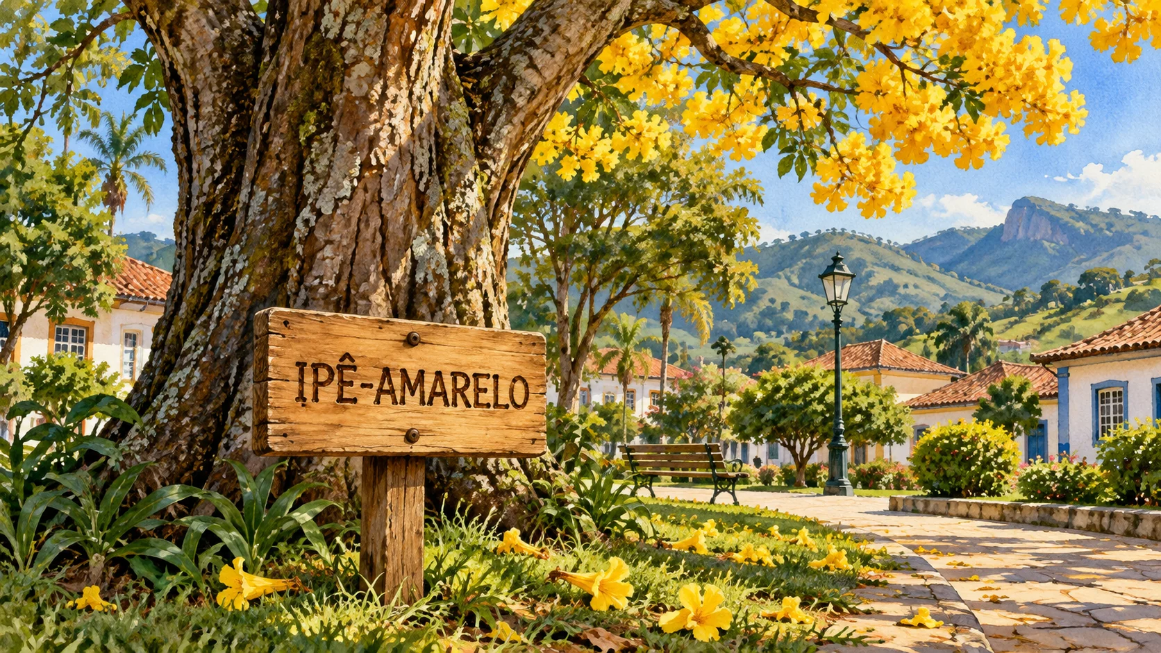 Ilustração de uma árvore em uma praça, junto a uma placa de madeira com o nome IPÊ-AMARELO.