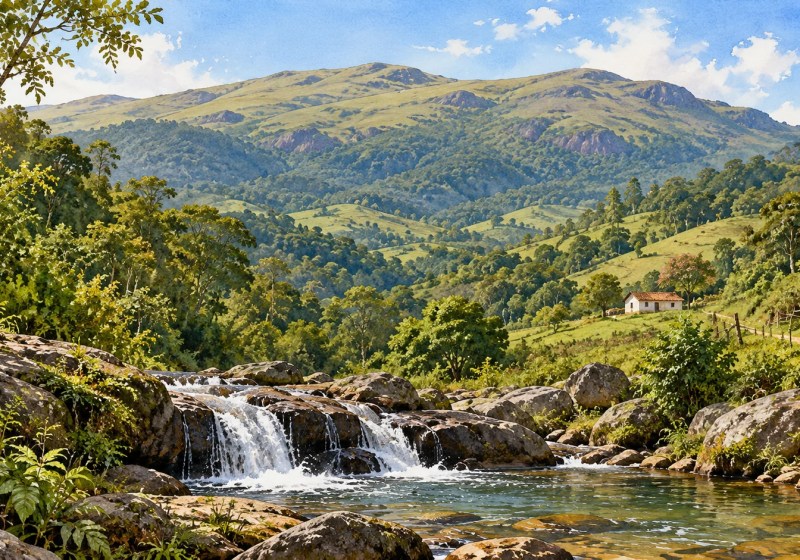 Ilustração de uma paisagem serrana, com vegetação, pequena cachoeira e uma casa rural, inspirada no entorno do Caparaó.